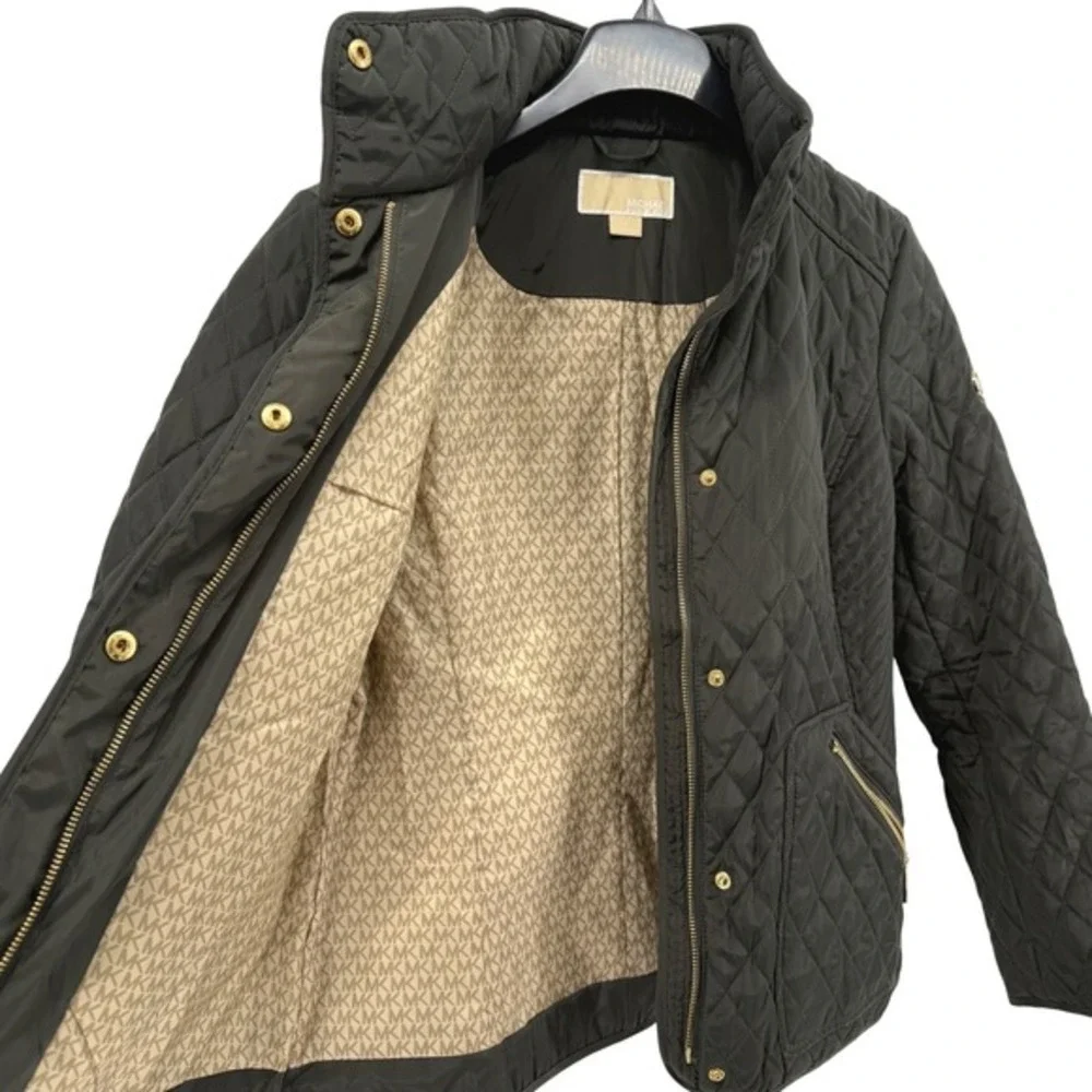 MICHAEL KORS Quilted Puffer Jacket Zip Hoodie Olive Green Pre-Owned Womens Small